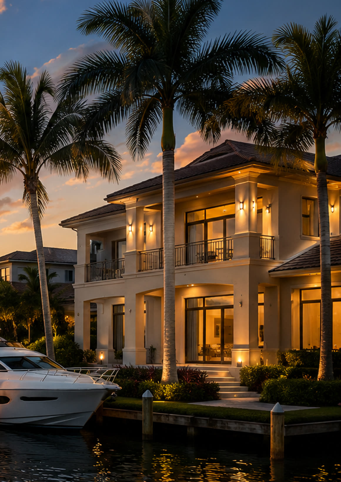 Waterfront home and private dock at sunset in Southwest Florida