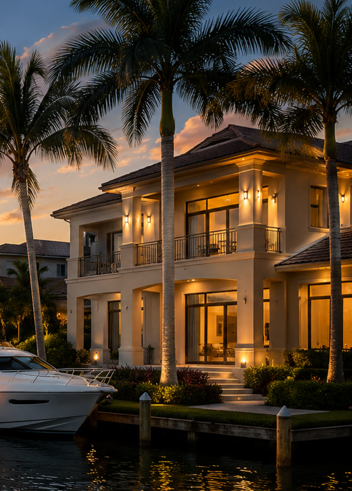Luxury waterfront home and yacht at dusk in the Naples area